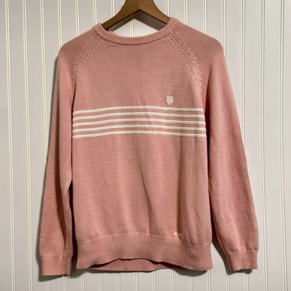 K-Swiss Women's‎ Pink Striped Crew Neck Sweater Large Cotton Blend Court Style
